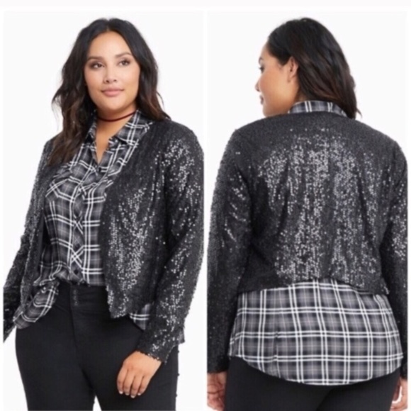 torrid Tops - NWT Torrid 4 Black Drape Front Sequin Jacket 4X 26